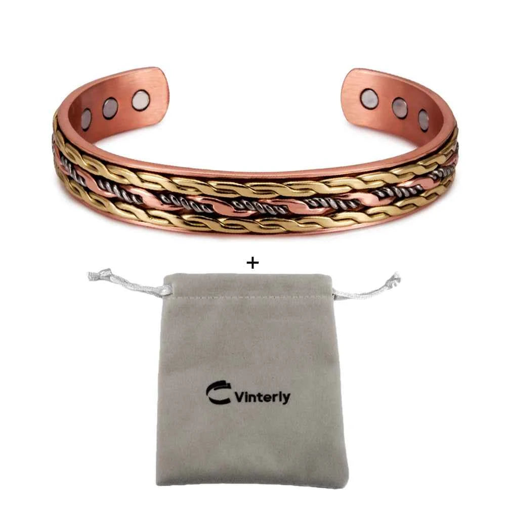 Vinterly Cross Copper Bracelets Gold-color Rose Twisted Magnetic Women Adjustable Open Cuff Bangles Resizable Jewelry Magnets