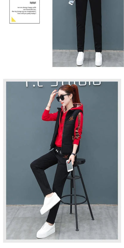 Women's Fashion Plush Thickened Sweat Suit 2025 Autumn Winter New Casual Hooded Tops Waistcoat Pants 3 Three Piece Set For Women