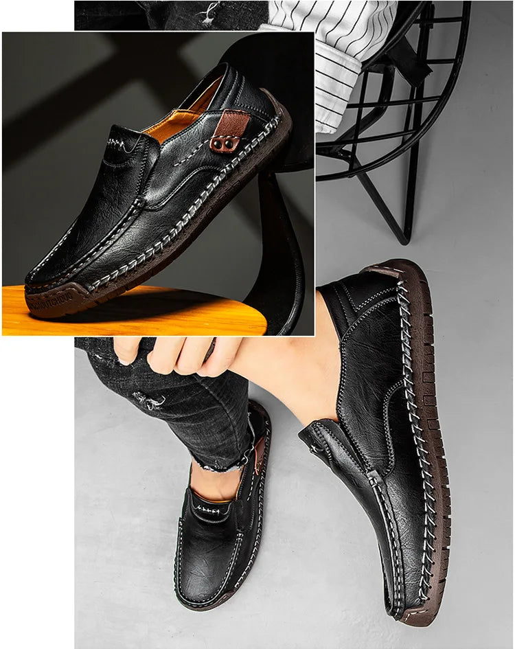 New Handmade Leather Men Shoes Casual Comfortable Men Loafers Slip On Leather Shoes Men Flats Hot Sale Outdoor  Walking Shoes