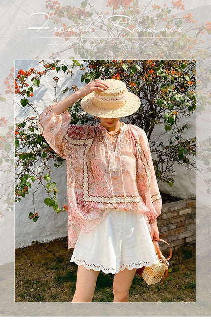 Boho Flrench Chic Floral Blouse Shirt Printed Summer Loose Lace Hollow Out Sexy Ladies Vocation Women Long Sleeve Top Shirts New