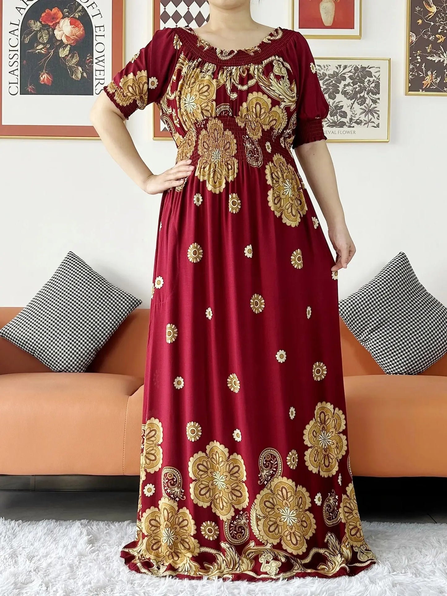 New Summer Women Abaya Short Sleeve Dashiki Floral Collect Waist Loose Maxi Robe Floral Femme Musulmane African Printing Abaya