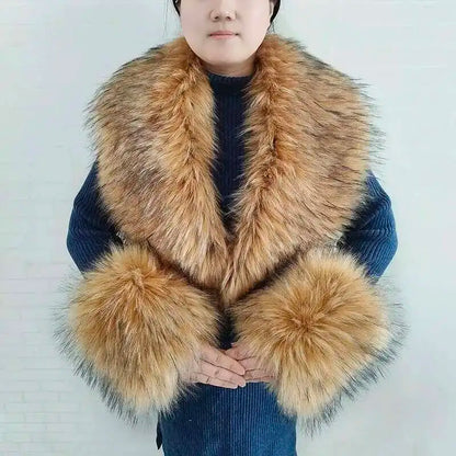 Large Winter Faux Fox Fur Scarf Women Jackets Warm Fluffy Shawl Fashion Artificial Fur Collar And Cuff Set Fluffy Scarves Female