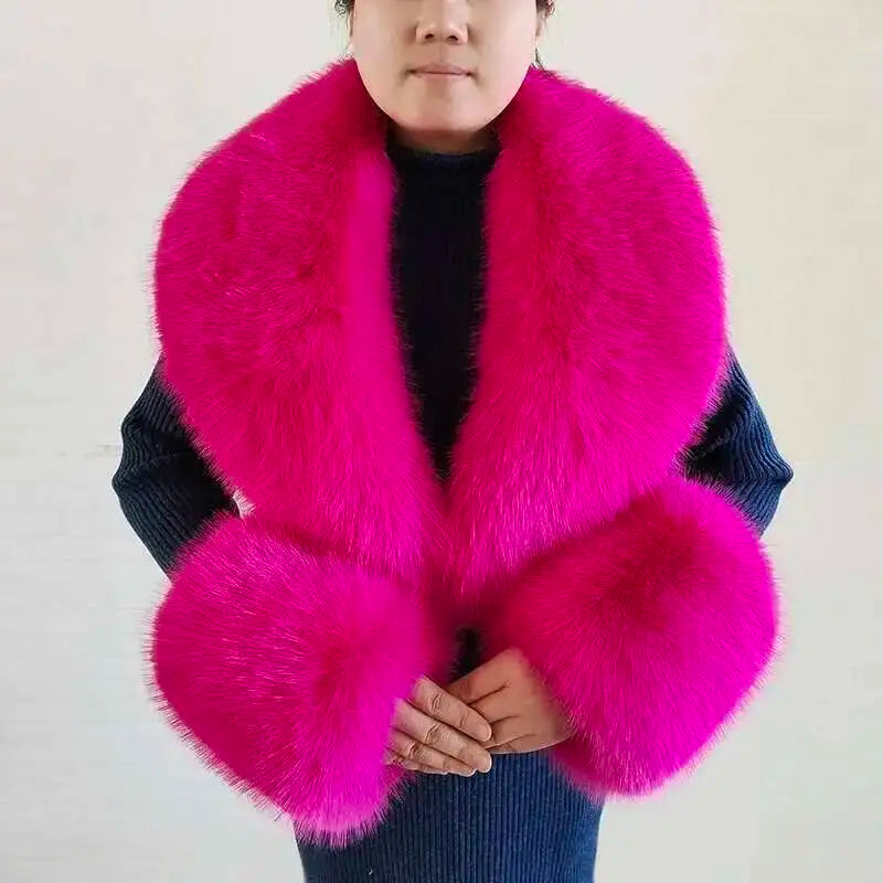 Large Winter Faux Fox Fur Scarf Women Jackets Warm Fluffy Shawl Fashion Artificial Fur Collar And Cuff Set Fluffy Scarves Female