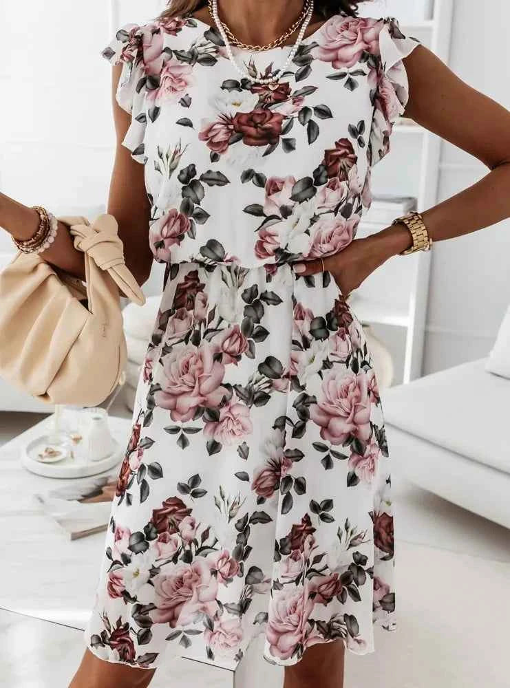 Summer Fashion Floral Printed Long Dress Ladies Sleeveless Elastic Waist Beach Dress 2025 Women V-Neck Pleated Chiffon Cover-Ups