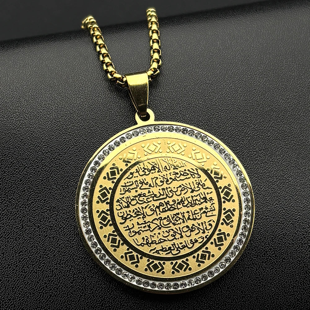 Islam Muslim Allah Quran Medal Stainless Steel Necklace for Women Men Gold Color Rhinestones Arabic Pendant Necklaces Jewelry