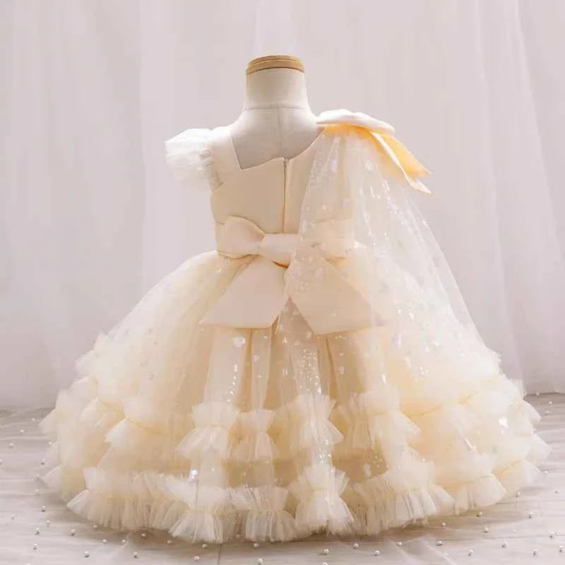 New Single Shoulder Bow Girl's Princess Dress Children's Day Performance Evening Dress Birthday Party Girl's Baby Dress