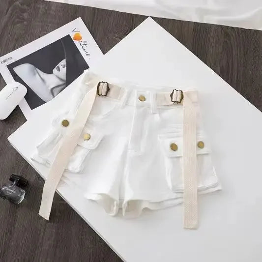 Women's Summer High Waisted Stretchy Denim Shorts Korean Cargo Style Slim Fit Ultra Short Hot Pants with Large Pockets for Dance