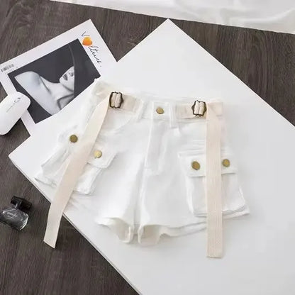 Women's Summer High Waisted Stretchy Denim Shorts Korean Cargo Style Slim Fit Ultra Short Hot Pants with Large Pockets for Dance