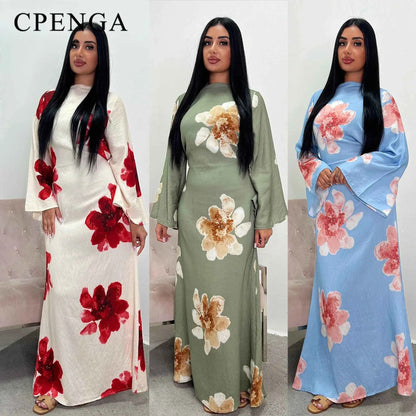 Arabesque Bell Sleeve Flowy Maxi Abaya Dress Elegant Floral Print Muslim Modest Long Dress Islamic Vacation Outfit Summer Robe