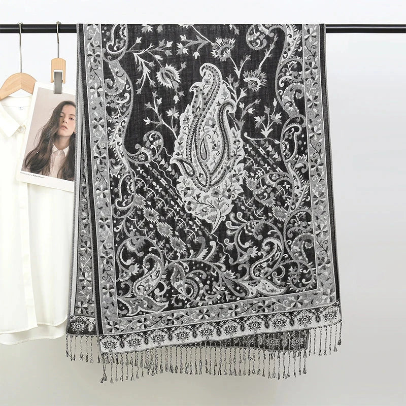 Luxury Pashimina Embroidery Muslim Hijab for Women Winter scarf Pareo Cape Warm Chunky Heaqdscarf Blue Lady Elegant Poncho - AMULET RING STORE