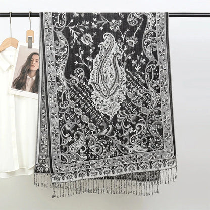 Luxury Pashimina Embroidery Muslim Hijab for Women Winter scarf Pareo Cape Warm Chunky Heaqdscarf Blue Lady Elegant Poncho - AMULET RING STORE