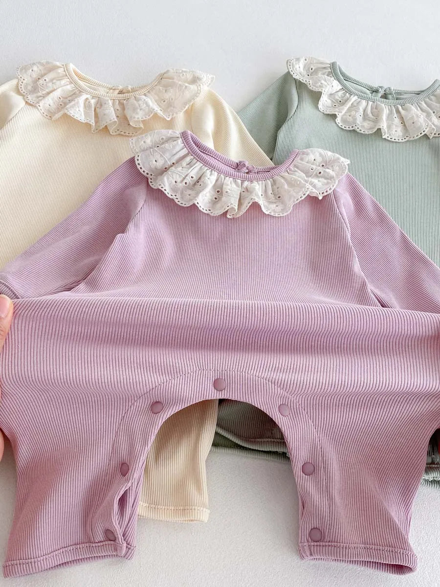 Spring and Autumn Baby Girl Solid Color Cute Doll Collar Long Sleeve Jumpsuit Baby Girl Autumn Jumpsuit - AMULET RING STORE