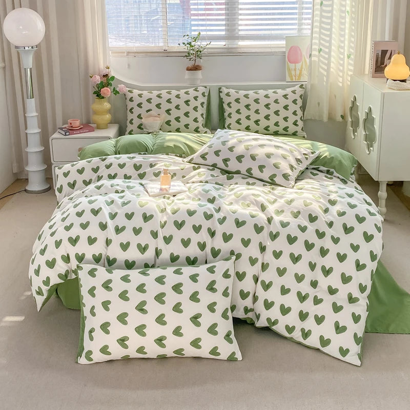 Korean Retro Floral Bedding Set 100% Washed Cotton Bed Sheets Set Soft Duvet Cover Bed Linen Pillowcase Single Double Queen King - AMULET RING STORE