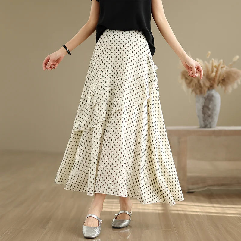 THHONE Summer Skirt Women 2025 High Waist Loose Fashion Vintage Dot Casual Korean Style Elegant A-line Skirts Women's Clothing