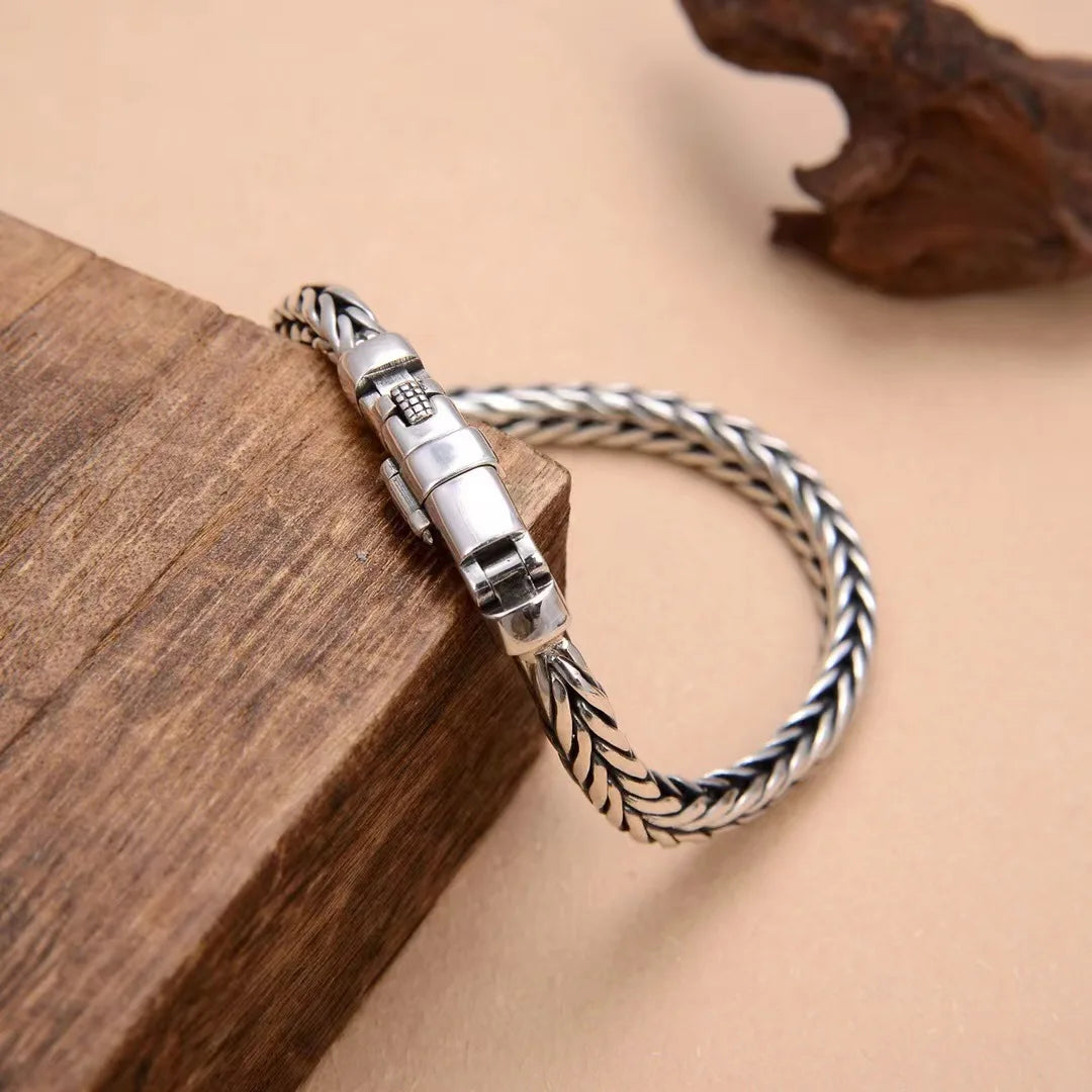 100% S925 Sterling Silver Handmade Woven Retro Domineering Style Personality Keel Man Woman Pure S925 Silver Bracelet Jewelry - AMULET RING STORE