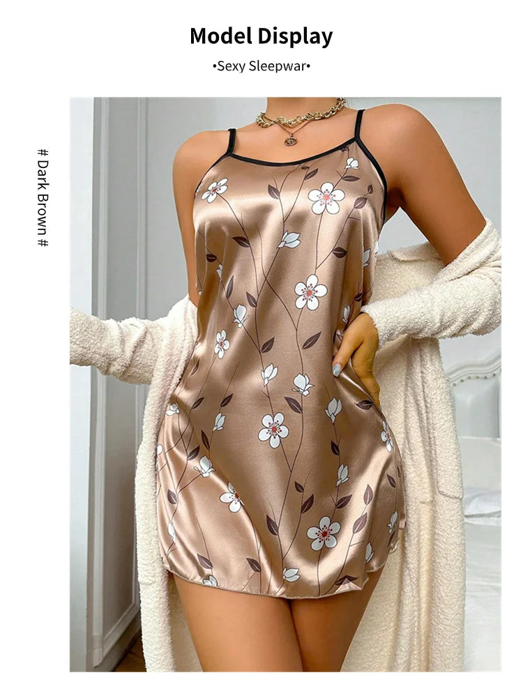 Women's Sleepdress Satin Floral Print Nightdress Comfortable Spaghetti Strap Sleepwear Dress Luxurious Satin Slip Nightdress - AMULET RING STORE