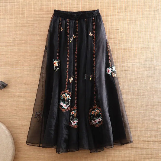 Chinese Style Retro Long Skirt Flowers Embroidered Summer Fairy Skirt Elastic Waist Gauze Skirt Party Lady A-line Skirts