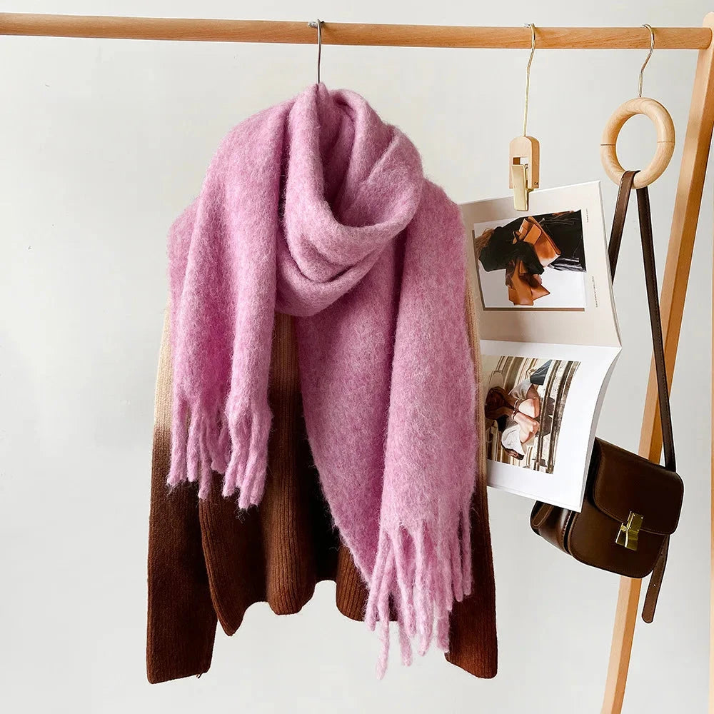 Korean Version Stylish Solid Scarf Women Men Autumn Winter Wool Blend Soft Pulled Mufller Female Male Versatile Pink Shawl Girl