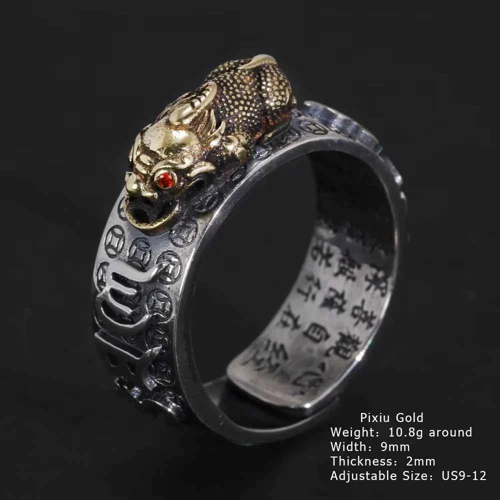 Vintage Pure Silver 999 Six Words Heart Sutra Ring Men's Adjustable Golden Pixiu Vajra Buddhist Religious Fine Jewelry
