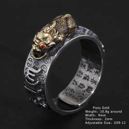 Vintage Pure Silver 999 Six Words Heart Sutra Ring Men's Adjustable Golden Pixiu Vajra Buddhist Religious Fine Jewelry