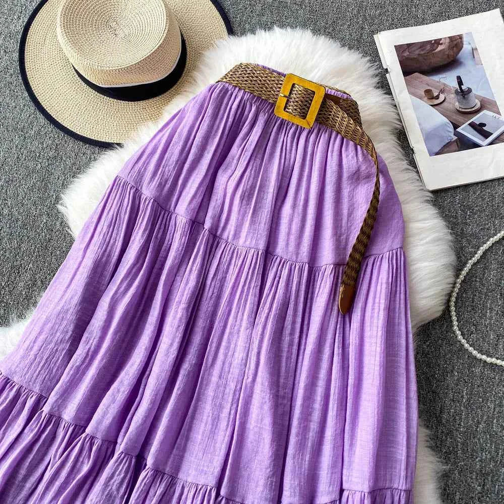 White High Waist A-Line Midi Skirt Women's Summer Casual Flared Cake Skirt Korean Sle Baking Poer Skirt for Young Women