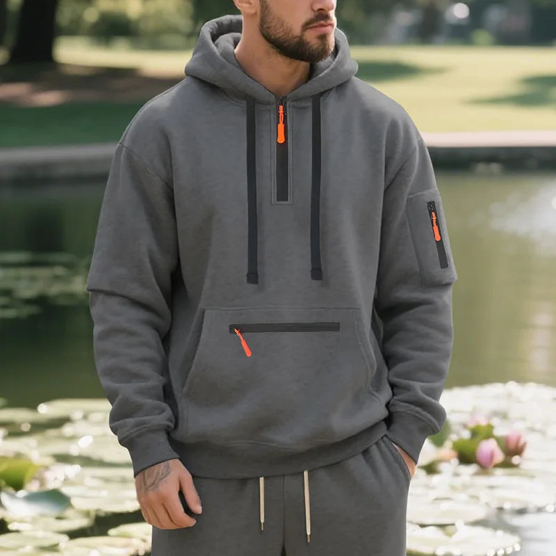 Men's Hooded Fleece Pullover Sporty Casual Jacket European American Style Autumn Winter Warm Comfortable Men's Outerwear