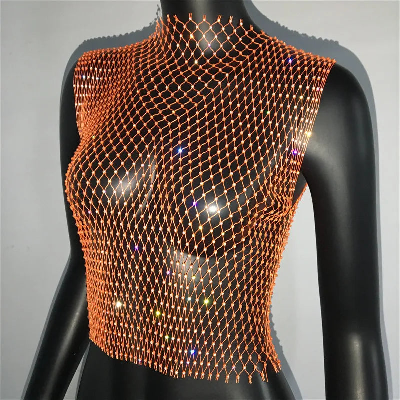 Women's Fishnet Rhinestone Crop Top 2024 Summer Sexy Mesh High Elastic Black White Shirt Net See Through Rave Diamond Tank Top - AMULET RING STORE
