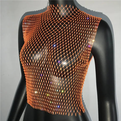 Women's Fishnet Rhinestone Crop Top 2024 Summer Sexy Mesh High Elastic Black White Shirt Net See Through Rave Diamond Tank Top - AMULET RING STORE