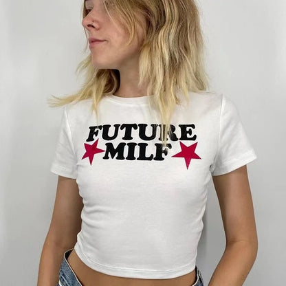 90s FUTURE MILF Stars Print T-shirts Fashion Casual O Neck Short Sleeve Crop Tops Y2K Summer Sexy E-girl Baby Tee Women Clothing - AMULET RING STORE