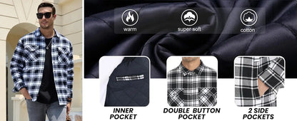 TACVASEN Winter Plaid Cotton Jackets Mens Long Sleeve Quilted Lined Flannel Shirt Jacket Multi-Pockets Outwear Hiking Coats Tops