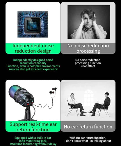 Gaming Microphone USB Microphone for PC Condenser Podcast Mic for Studio Recording with Headphone Jack, Led, Noise Cancellation