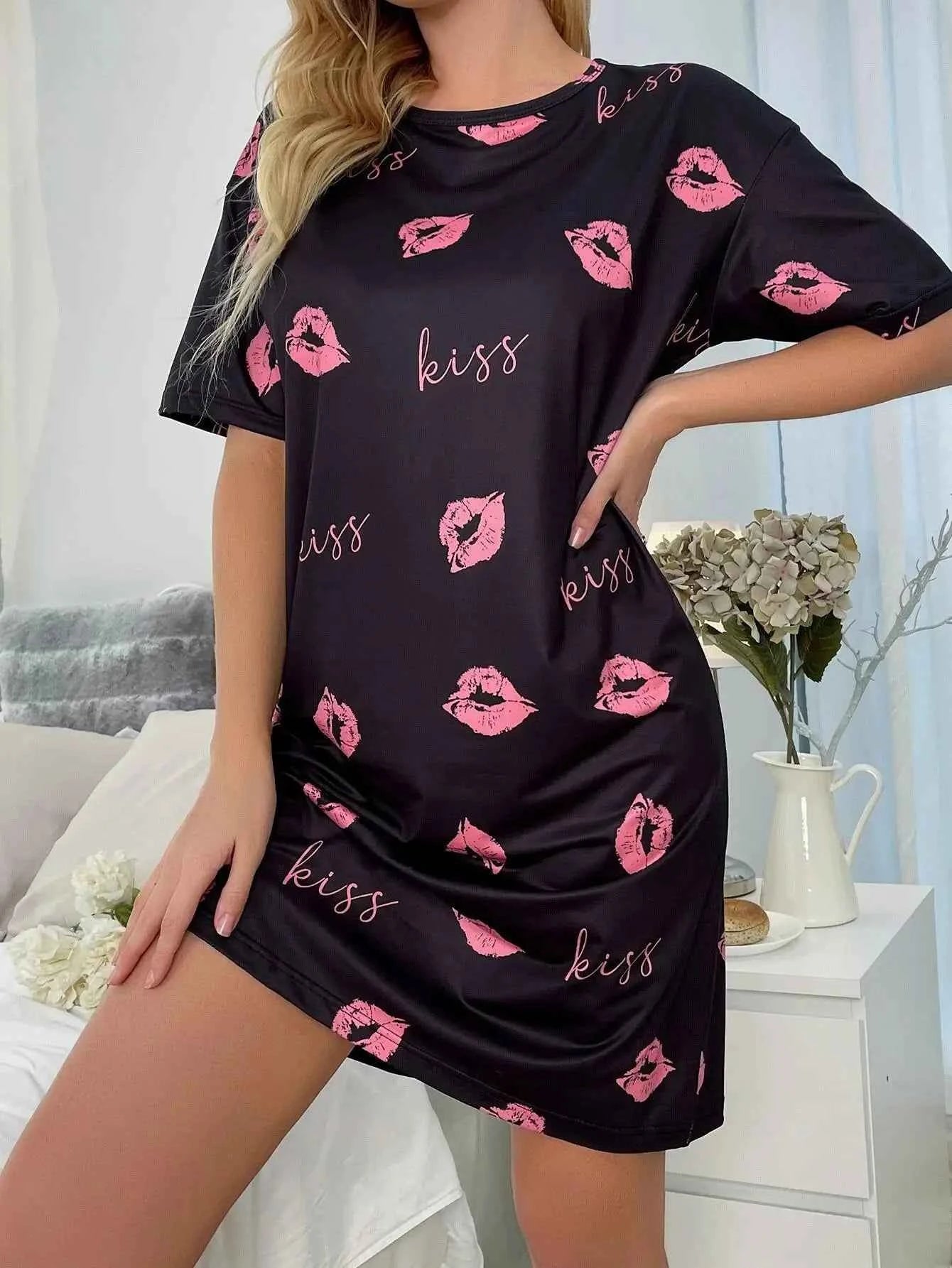 Summer Butterfly Prints Sexy Short Sleep Shirts Women Milk Silk Nightgowns Sleepwear Lingerie S-XL Plus Size Night Dress Women