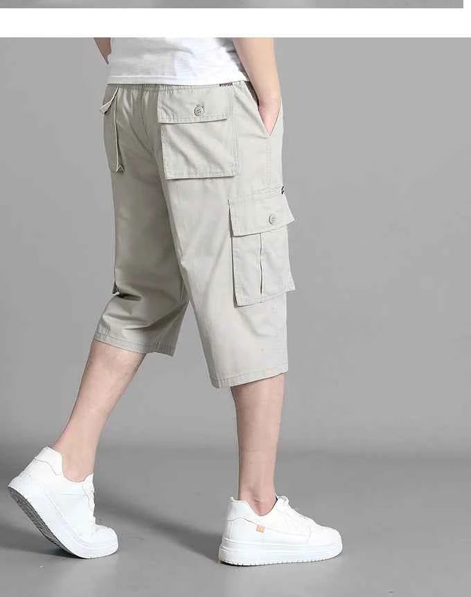 New Men's Cropped Cargo Shorts Men Casual Sports Pants Zipper Pocket Summer Cotton Shorts Running Jogger Shorts Elastic Waist