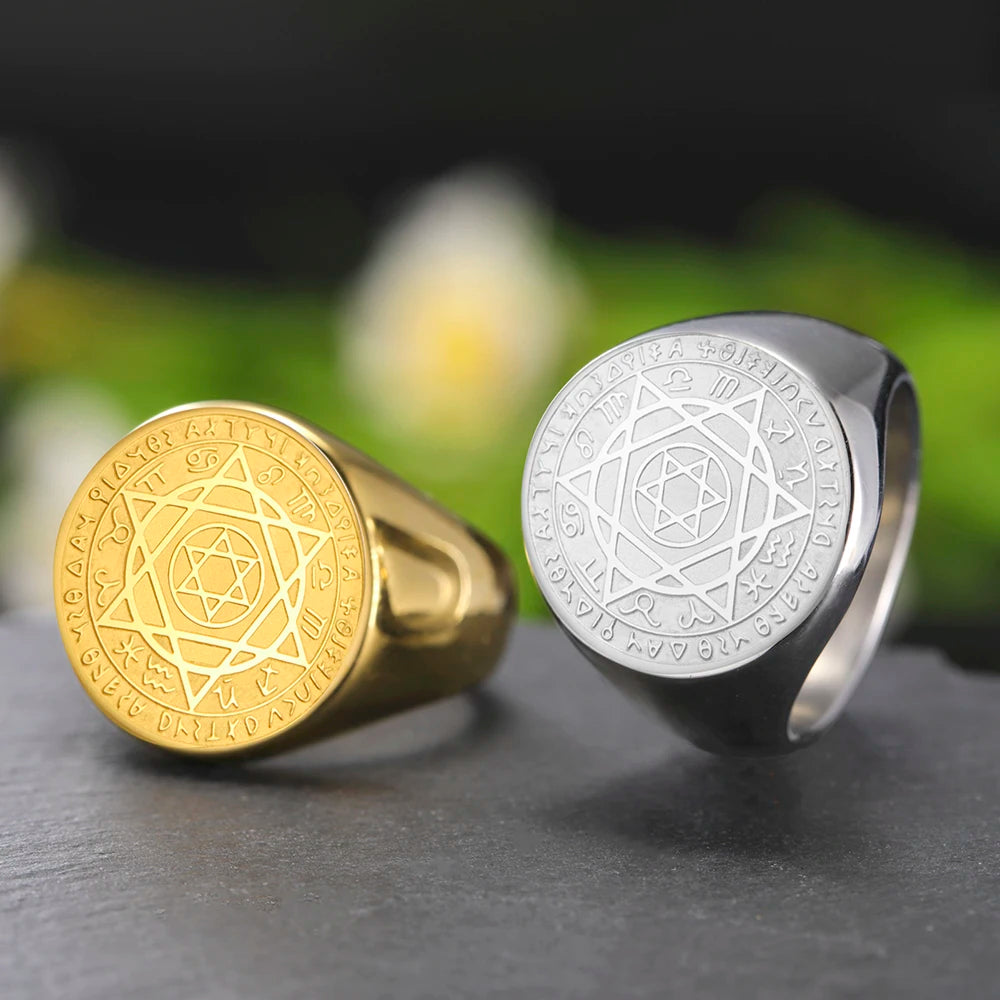 Dawapara Talisman Seal Solomon Ring Hexagram 12 Constellation Kabbalah Prosperity Good Health Amulet Stainless Steel Jewelry - AMULET RING STORE