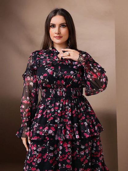 TOLEEN Spring Summer Plus Size Women's Elegant Floral Print Mesh Flare Sleeve Dress 2024 New in Casual V-Neck Party Long Dresses