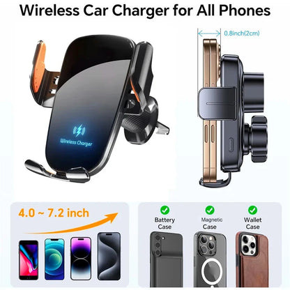UYUXIO Manual Clamp Wireless Car Charger 15 Fast Charging Air Vent Car Mount Phone Holder for iPhone Samsung Android Phone
