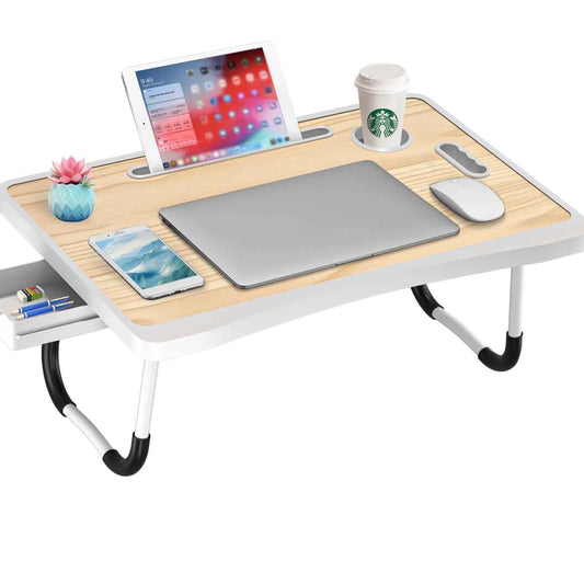 Extra-large multifunctional folding desk, portable multi-color wooden laptop bed desk with cup holder, suitable for work, readin