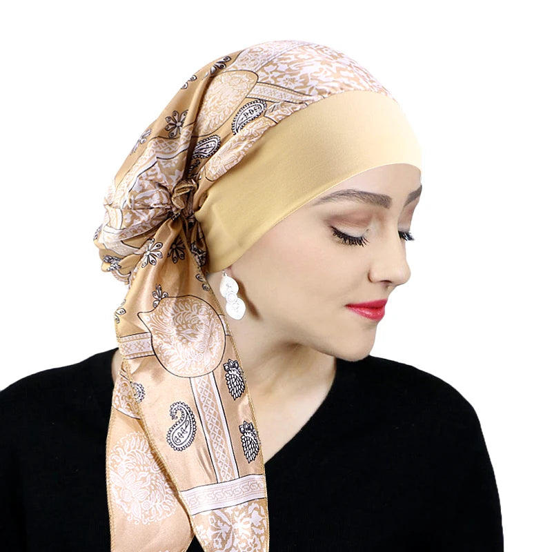 Printed Pre-tie Headscarf Women Elastic Muslim Female Turban Cancer Chemo Hat Hair Loss Cover Head Wrap Headwear Stretch Bandana - AMULET RING STORE