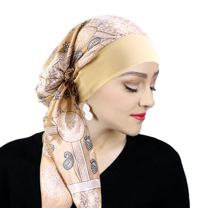 Printed Pre-tie Headscarf Women Elastic Muslim Female Turban Cancer Chemo Hat Hair Loss Cover Head Wrap Headwear Stretch Bandana - AMULET RING STORE