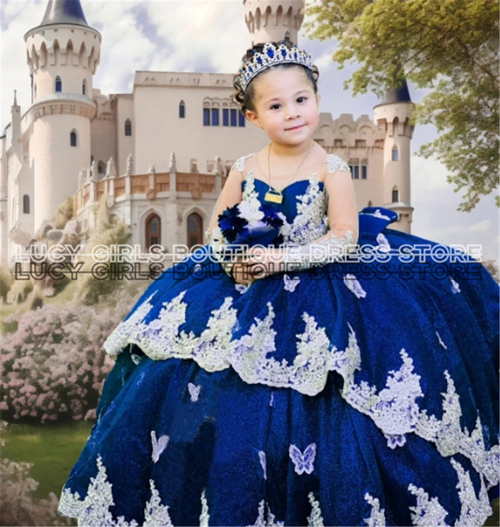 Elegant Quality Dark Blue Flower Girl Dress Tulle Fluffy Exquisite Lace Applique With Bow Little Princess Birthday Party Gowns