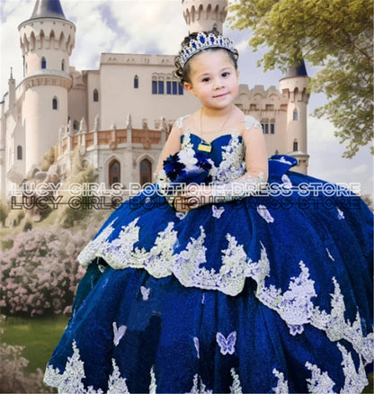 Elegant Quality Dark Blue Flower Girl Dress Tulle Fluffy Exquisite Lace Applique With Bow Little Princess Birthday Party Gowns