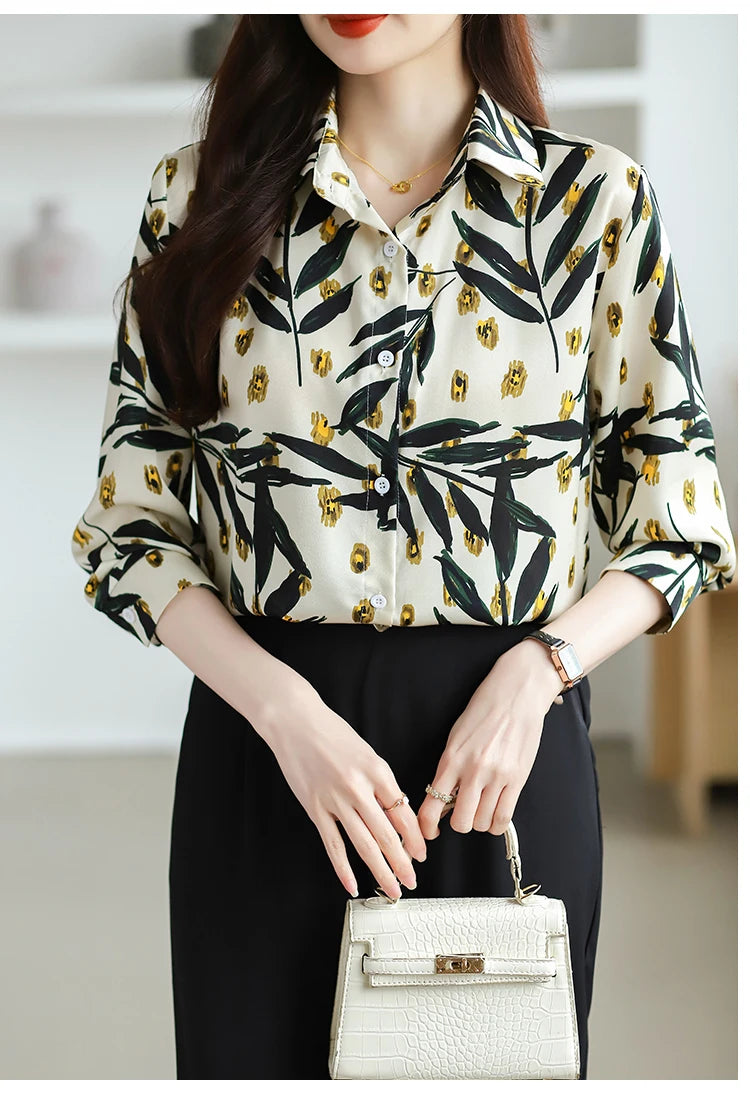 2025 Spring Autumn New Office Lady Blouse Fashion Floral Printed Shirt Turndown Collar Med-Length Long Sleeve Women Tops