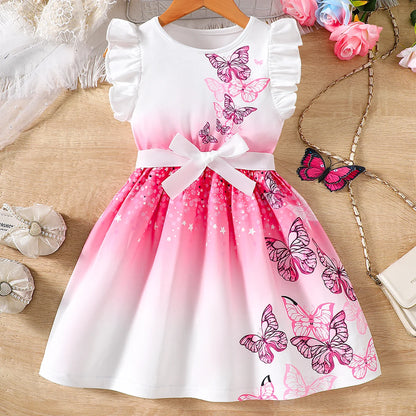 Girls Spring Summer Knitted Casual Fashion Round Neck Fly Sleeve Ruffle Butterfly Dresses