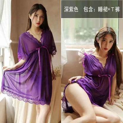Sexy Sleepwear Women V-neck Nightgown Sexy Nightdress Lace Mesh Pajama Loungewear Summer Dress Nightwear Night Wear