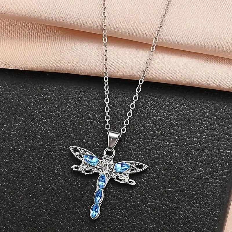 Huitan Blue CZ Dragonfly Necklace for Women New Fashion Animal Pendant Necklace Party Exquisite Girls Gift Statement Jewelry - AMULET RING STORE