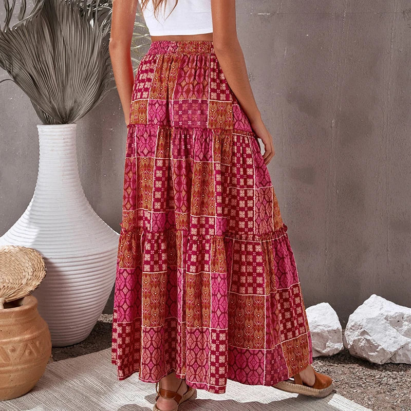 Summer Women Loose Bohemian Skirt New Fashion Elegant A-line Swing Beach Skirts Ladies Casual Elastic High Waist Printed Skirt