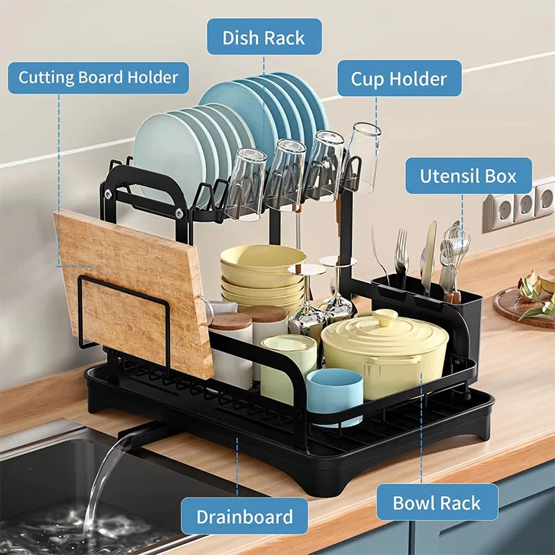 New 360° rotating storage rack double-layer kitchen tableware drying rack with drain tableware storage rack for tableware - AMULET RING STORE