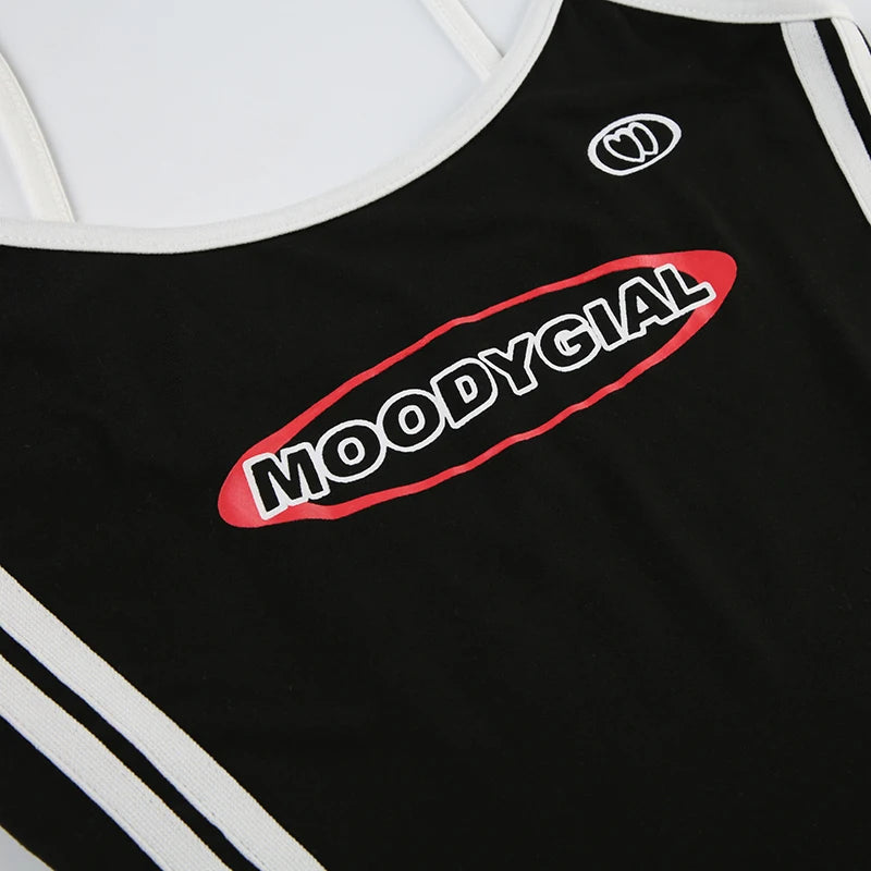 HEYounGIRL Tennis Style Spaghetti Strap Mini Dress Letter Print Contrast Color Sleeveless Women Short Dresses Summer Casual - AMULET RING STORE