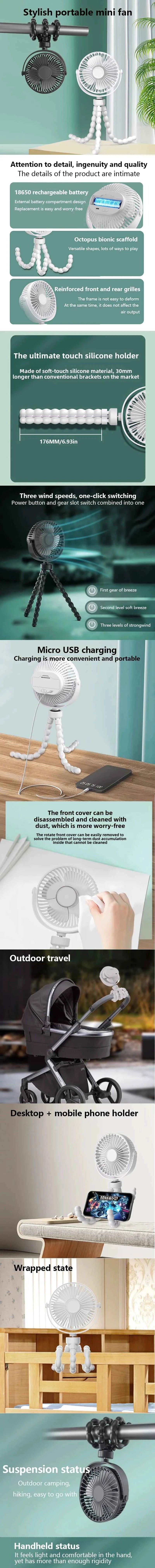 Portable Oscillating Pram Fan Mini Handheld Personal Car Seat Baby Fan with Flexible Tripod Clip-on USB Battery Operated