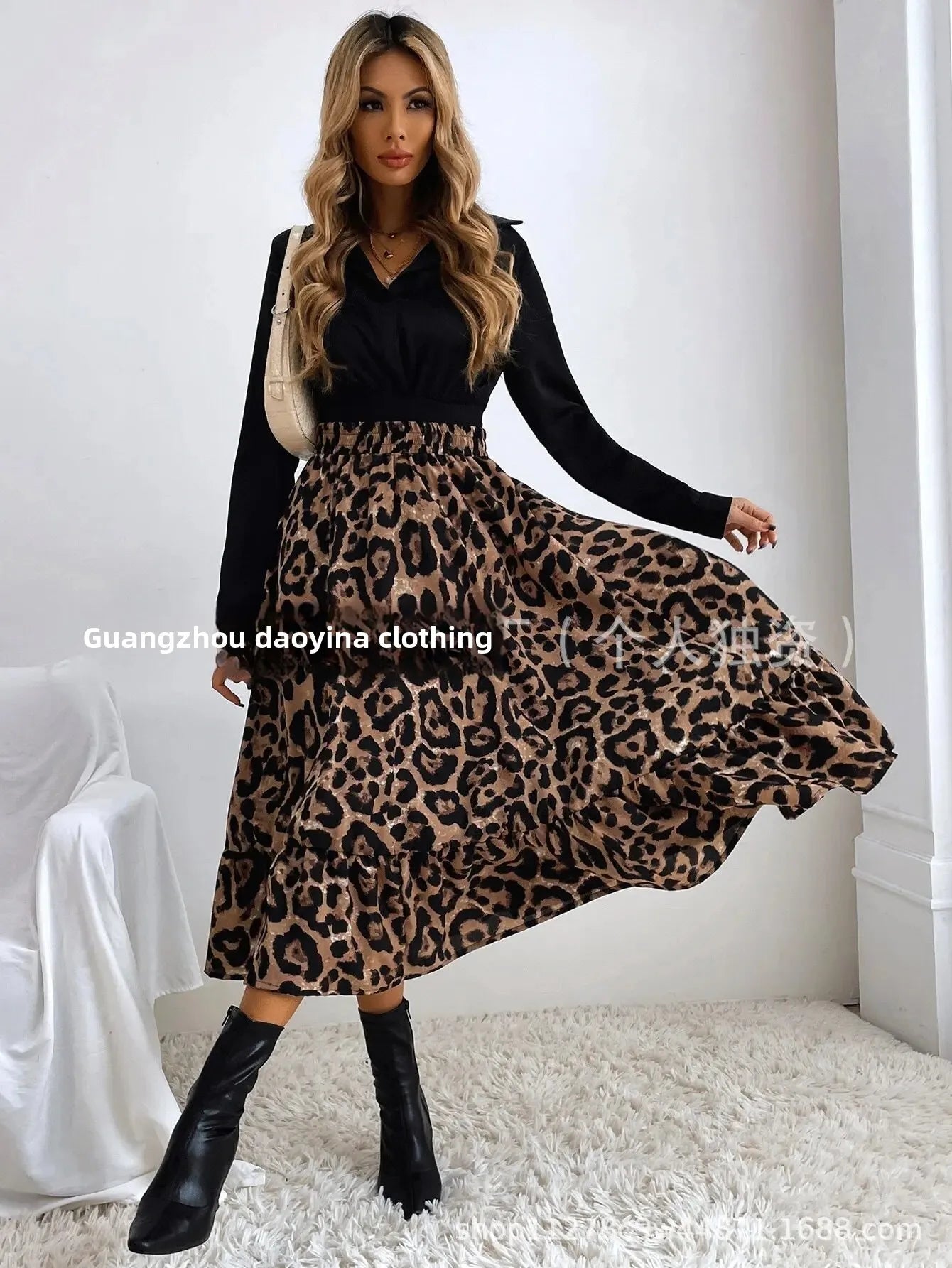 Elegant Leopard Print Halter Neck Mini Dress Polyester Fiber Ruffles Decoration Cross-Border New Arrival 2024 Women's Skirt - AMULET RING STORE